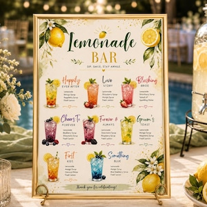 Può includere: Un cartello menu Lemonade Bar incorniciato con illustrazioni di limoni ad acquerello e un elenco di nomi di bevande come Happily Ever After, Love Story, Blushing Bride, Cheers To Forever, Forever & Always, Groom's Toast, First Kiss e Something Blue.