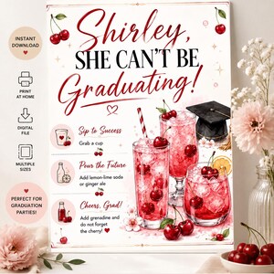 May include: A graduation-themed print with the text "Shirley, She Can't Be Graduating!" in red script. The image features illustrations of cocktails with cherries, a graduation cap, and instructions for a cherry-based drink. The words "Instant Download" are also visible.