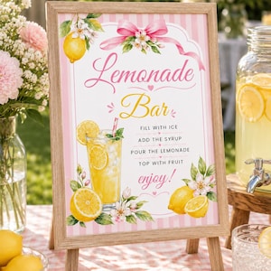 Könnte beinhalten: Ein rechteckiges Holzschild mit rosa-weiß gestreiftem Hintergrund und Aquarellillustrationen von Zitronen, Blüten und einer rosa Schleife. Der Text lautet: Lemonade Bar, Fill with ice, Add the syrup, Pour the lemonade, Top with fruit, enjoy!