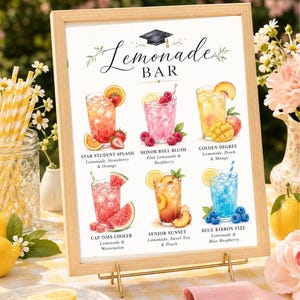 Puede incluir: Un letrero enmarcado en madera muestra un menú de "Lemonade Bar". El menú presenta seis limonadas coloridas: Star Student Splash, Honor Roll Blush, Golden Degree, Cap Toss Cooler, Senior Sunset y Blue Ribbon Fizz. El letrero está apoyado en un soporte dorado.