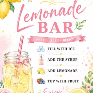 May include: A watercolor-style sign for a lemonade bar, featuring pink lettering and illustrations. The sign includes instructions: fill with ice, add syrup, add lemonade, and top with fruit. A mason jar with lemonade and a straw is shown.