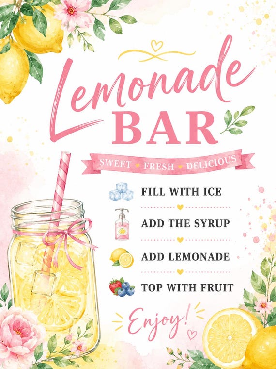 Lemonade Bar Sign Printable, Mocktail Bar Decor, Bridal Shower Lemonade Station, Baby Shower Drink Menu, Canva Template Download FG