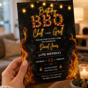 May include: A rectangular birthday invitation card with a black background featuring orange flames on the sides, string lights at the top, and the text Birthday BBQ Chill and Grill, Daniel Jones, 30th Birthday, Saturday 12 February, 7PM.