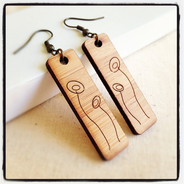 Wooden earrings - eco friendly wood with poppy flowers. Unique laser cut wooden dangle earrings. Australian jewellery 