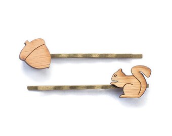 Bobby Pins Squirrel and Acorn Nut (Hair Pins), squirrel jewellery, squirrel and nut, squirrel lover gift