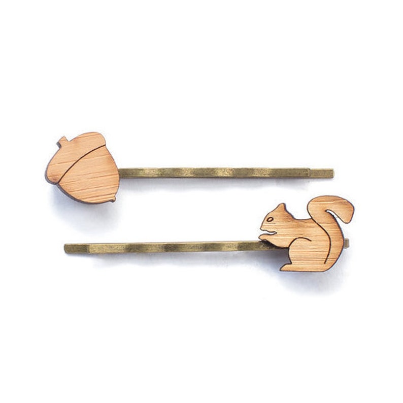 Laser cut wooden eco friendly Bobby Pins Squirrel and Acorn Nut Hair Pins