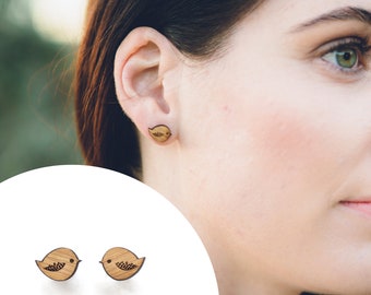 Bird stud earrings - wooden eco friendly wood bird studs, cute bird earrings