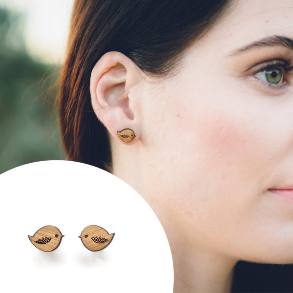 Bird stud earrings - wooden eco friendly wood bird studs, cute bird earrings