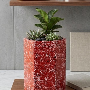 Handmade Red Hexagonal Planter, Cracked Marbled Texture Plant Pot, Unique Terracotta Red Succulent Pot, One of a Kind Modern Home Decor Gift