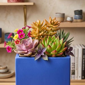 Handmade Cobalt Blue Square Planter, Majorelle Blue Concrete Plant Pot, Unique Cube Succulent Pot with Wooden Tray Option, One of a Kind Mod