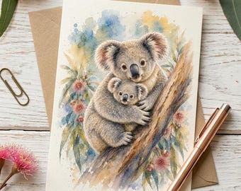 Karta akwarelowa z wizerunkiem matki i dziecka koali, pozdrowienia z australijskiej przyrody (do pobrania w wersji cyfrowej)