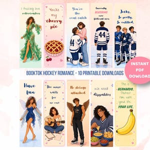 Könnte beinhalten: Zehn rechteckige Lesezeichen mit farbenfrohen Illustrationen von Personen, Eishockeyspielern und Lebensmitteln. Jedes Lesezeichen enthält einen individuellen Text wie I fucking love rollercoasters, You're my cherry pie und This is BERNARDO.