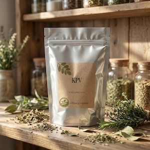 Op de afbeelding: Een zilveren zakje met een bruin etiket met de tekst "KPV" en "Organic 500mcg/capsule". Het zakje staat op een houten plank met gedroogde kruiden en glazen potten op de achtergrond.