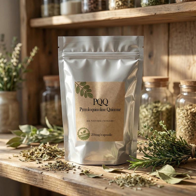 May include: A silver pouch with a brown label displaying the text "PQQ Pyrroloquinoline Quinone" and "All Natural Non-GMO". The label also includes a green leaf design and the word "Organic". The pouch is on a wooden shelf with herbs and glass jars.