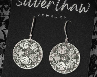 Silver Flower Mandala Coin Earrings - Handmade Floral Medallion Dangles