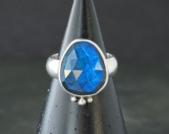 Size 7.5 Large Blue Labradorite Magical Ring in Sterling Silver