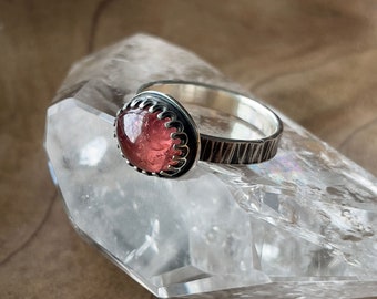 Pink Tourmaline Rustic Silver Bark Ring, Nature Inspired - size 5.5