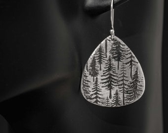 Rustic Pine Tree Earrings for Nature Lovers - Handmade Silver Teardrop Earrings with Forest Scene