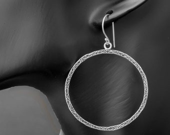 Minimalist Large Silver Circle Hoop Earrings with Stamped Texture - 2 inch Hoops