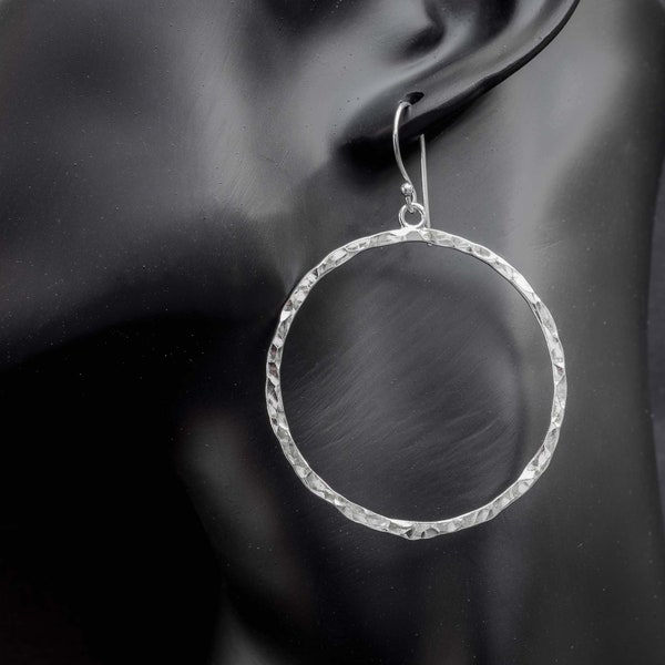 Large 2 inch Sterling Silver Hoop Earrings with Hammered Texture