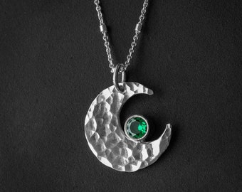 Emerald Moon Necklace, May Birthstone Necklace, Moon Charm Necklace, Emerald Jewelry, Celestial Jewelry, Crescent Moon Pendant