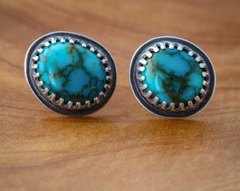 Turquoise Stud Earrings in Sterling Silver with blue-green Carico Lake Turquoise