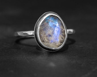 Witchy Rainbow Moonstone Sterling Silver Stacking Ring - Size 8, Boho Style