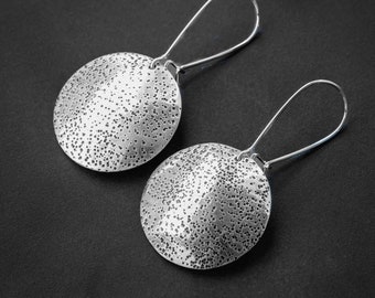 Hammered Earrings, Dome Dangle Earrings, Silver Circle Earrings, Shield Earrings, Minimalist Dangle Earrings