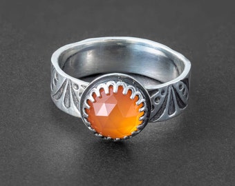 Carnelian Ring, Natural Carnelian Gemstone, Sterling Silver 925, Gemstone Silver Ring, Carnelian Jewelry, Southwestern Stamped Ring