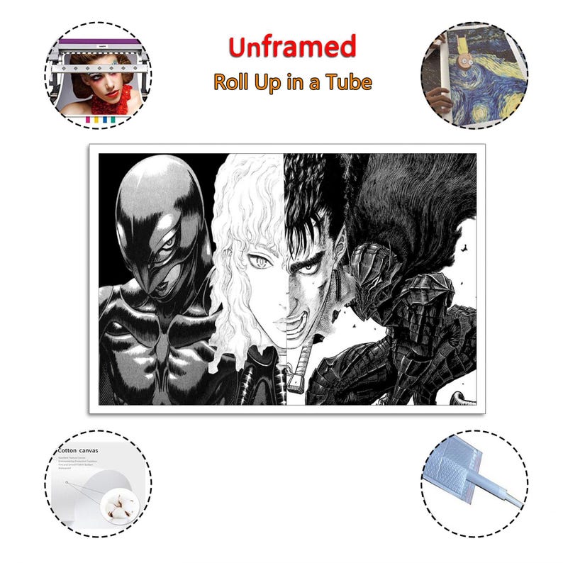 K&ouml;nnte beinhalten: Schwarz-Wei&szlig;-Manga-Kunstdruck mit drei Charakteren. Der Druck tr&auml;gt die Aufschrift "Unframed Roll Up in a Tube". Das Kunstwerk ist ein geteiltes Bild von drei Charakteren mit detaillierten Schattierungen und kr&auml;ftigen Linien.