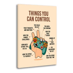 Puede incluir: Impresión en lienzo con el texto "THINGS YOU CAN CONTROL" en marrón. Una mano sosteniendo un mando de videojuegos turquesa y naranja está en el centro. La impresión enumera aspectos de la vida que se pueden controlar.
