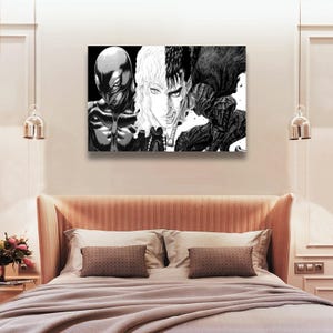 K&ouml;nnte beinhalten: Schwarz-Wei&szlig;-Kunstwerk mit drei Charakteren aus einer Manga-Serie. Das Kunstwerk wird auf einer rechteckigen Leinwand dargestellt. Die Charaktere sind in einem detaillierten, grafischen Stil dargestellt, wobei der Fokus auf ihren Gesichtsausdr&uuml;cken und ihrer R&uuml;stung liegt.