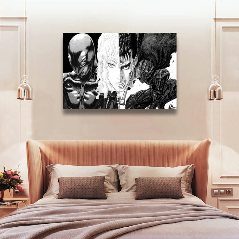 K&ouml;nnte beinhalten: Schwarz-Wei&szlig;-Kunstwerk mit drei Charakteren aus einer Manga-Serie. Das Kunstwerk wird auf einer rechteckigen Leinwand dargestellt. Die Charaktere sind in einem detaillierten, grafischen Stil dargestellt, wobei der Fokus auf ihren Gesichtsausdr&uuml;cken und ihrer R&uuml;stung liegt.