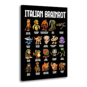 May include: Black canvas art print with the words "ITALIAN BRAINROT" in white. The print features cartoon characters, each with a unique design, including a shark, a coffee cup, and a bear. The artwork has a humorous and whimsical theme.