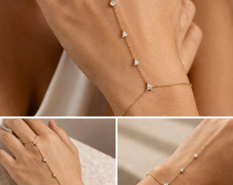 18K Gold-plated Sterling Silver Geometric Zircon Hand Chain Dainty Adjustable Finger Bracelet Valentine's Day gifts, personalized