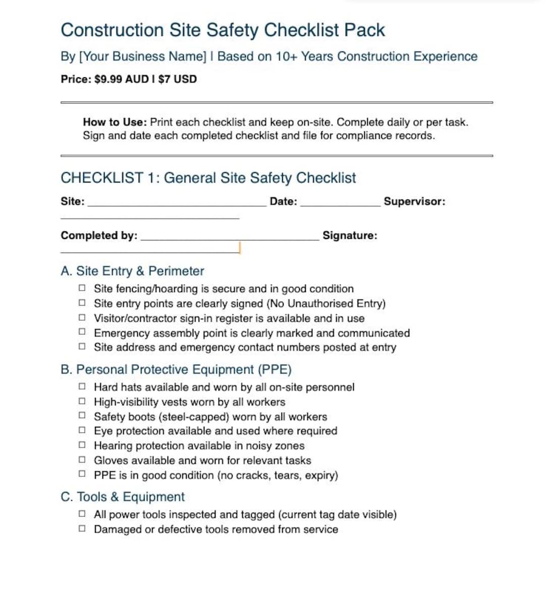 Contractor Safety Checklist Example Construction Site Safety Checklist Pack | 5 WHS Checklists | Tradie ...