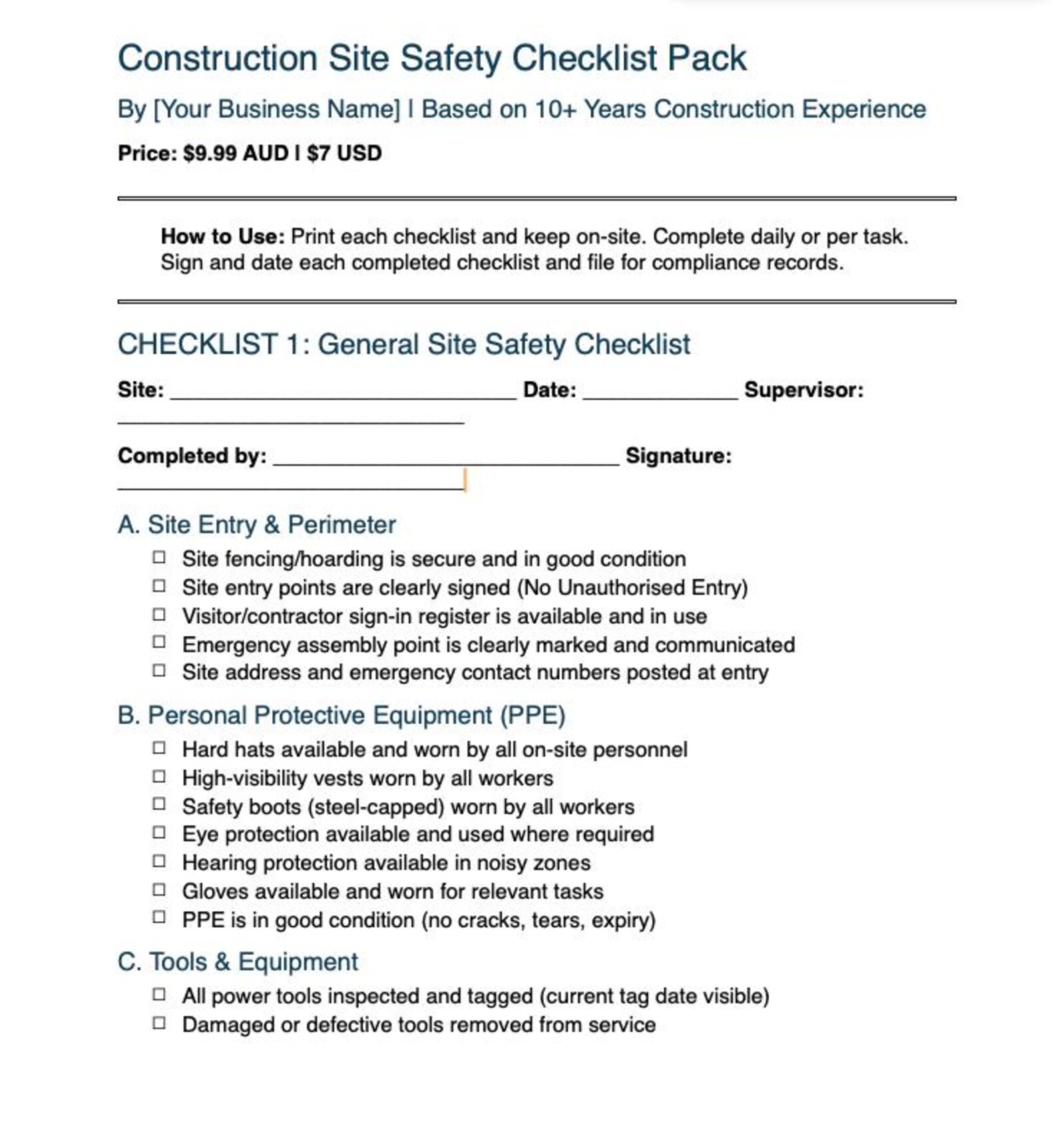 Construction Site Safety Checklist Pack | 5 WHS Checklists | Tradie ...