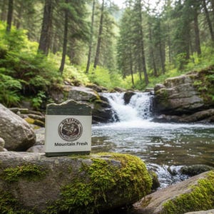 May include: A bar of soap with a white label that reads "Mountain Fresh" is displayed on a moss-covered rock. The soap has a green top and is in front of a waterfall and forest.