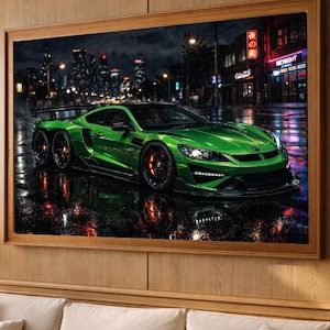 Neon Grün Supersportwagen Print, Cyberpunk futuristische Wandkunst (Digitaler Download)