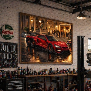 May include: A vintage white car is elevated on a lift inside a garage. The garage features a large window, exposed brick walls, and a large painting of a red sports car. Tools and equipment are visible.