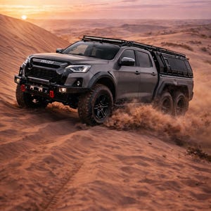 May include: A gray Isuzu 6x6 truck driving through a desert landscape. The truck has black wheels, a roof rack, and a light bar. The Isuzu logo is visible on the front. The truck is kicking up sand as it drives over a sand dune.