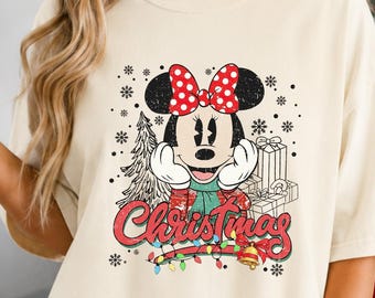 Personalized Disney Christmas Tee, Retro Minnie Mouse Shirt, Vintage Holiday Vacation Tshirt, Custom Character Winter Graphic