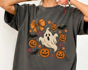 Coquette Halloween Ghost Shirt, Cute Spooky Season Pumpkin Graphic Tee, Girly Fall Aesthetic Gift for Her