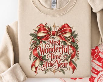 Retro Most Wonderful Time Shirt, Vintage Christmas Bow Tee, Classic Holiday Foliage Graphic, Cute Christmas Tshirt, Botanical Wreath Gift