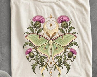 Retro Luna Moth Shirt, Scottish Thistle Tee,Celestial Celtic Botanical Sweatshirt,Cottagecore Insect Graphic,Dark Academia Nature Lover Gift