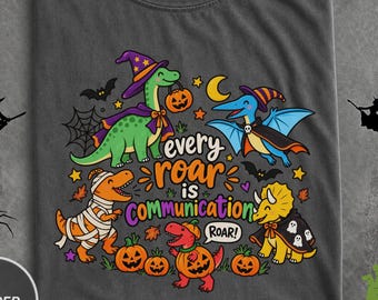 Retro Halloween SLP Shirt, Cute Dinosaur Speech Therapy Tee, Sped Teacher Inclusion Tshirt, Every Roar Is Communication, Fall SLPA Gift