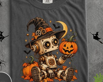 Retro Funny Halloween Robot Shirt, Cute Steampunk Witch Tee, Vintage Spooky Pumpkin Graphic Tshirt, Nerdy Computer Geek Gift