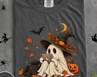 Retro Witch Ghost Halloween Shirt, Cute Spooky Tablet Tee, Nerdy Cat Lover Graphic, Vintage Witchy Fall Sweatshirt, Cozy Autumn Gift