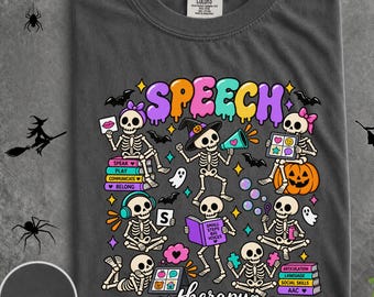 Speech Therapy Skeleton Halloween Shirt, Retro Spooky SLP Therapist Tee, Cute Skeleton Pathologist Tshirt, Sped Teacher Gift Idea