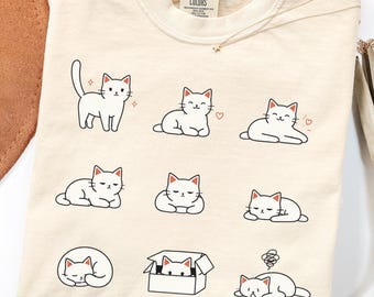 Cute White Cat Graphic Tee, Kawaii Cat Expressions Shirt, Funny Cat Lover Gift, Minimalist Kitten Doodle Art